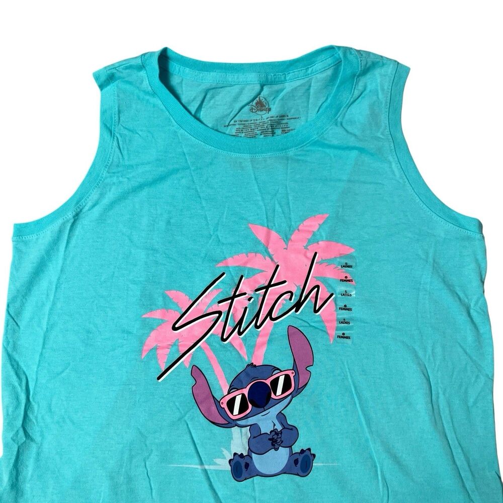 Disney T Shirt Womens L Blueโ Stitch Sleeveless Graphic Tropical Vacation Tank